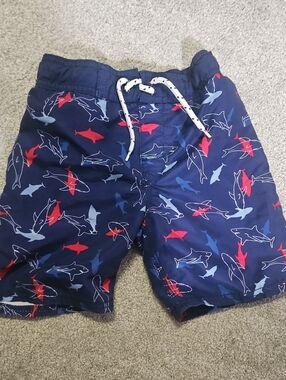 OshKosh B'gosh Navy Shark Print Swim Shorts with Red and Light Blue Accents